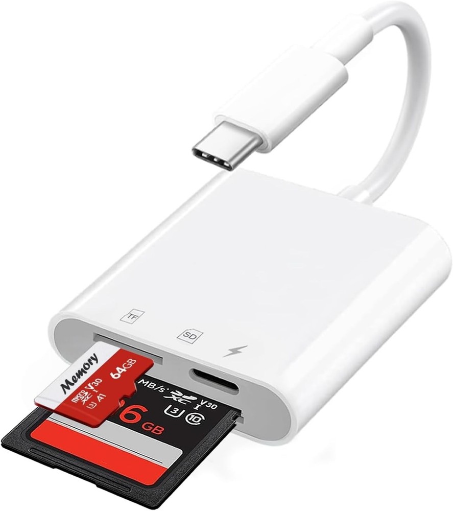 USB C SD Card Reader for iPhone 16/15 Pro Max/Plus, SD/TF+Charging, White