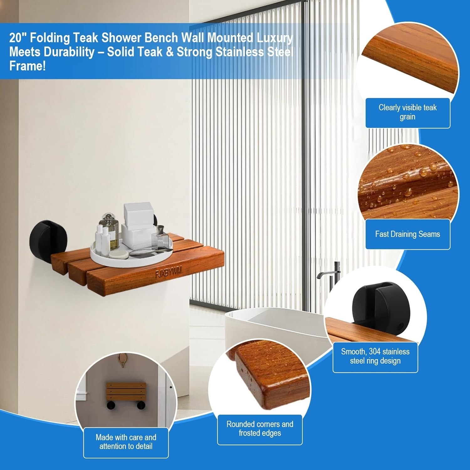 20-inch Teak Shower Bench Wall Mounted Fold-Down Shower Seat