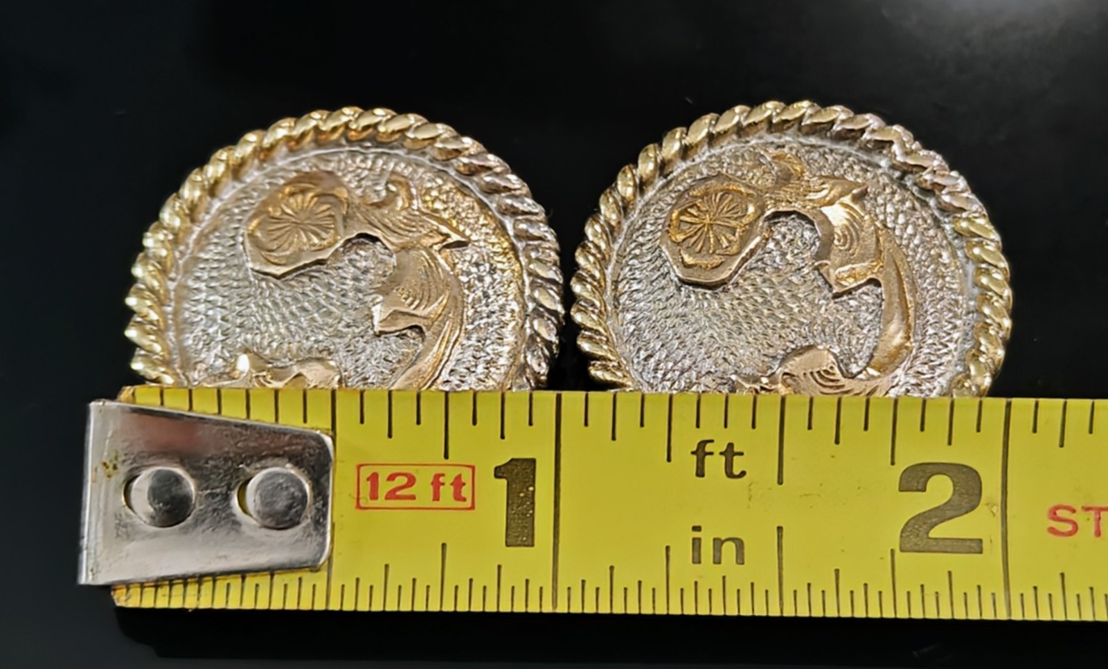 Vintage 652 Western Tack Alpaca Mexico Silver & Gold Floral Rope Edge Conchos 1"