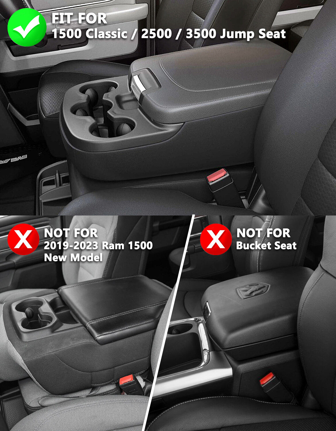 Fits 2019-2023 Ram 2500 3500 1500 Classic Center Console Lid Armrest Cover Black