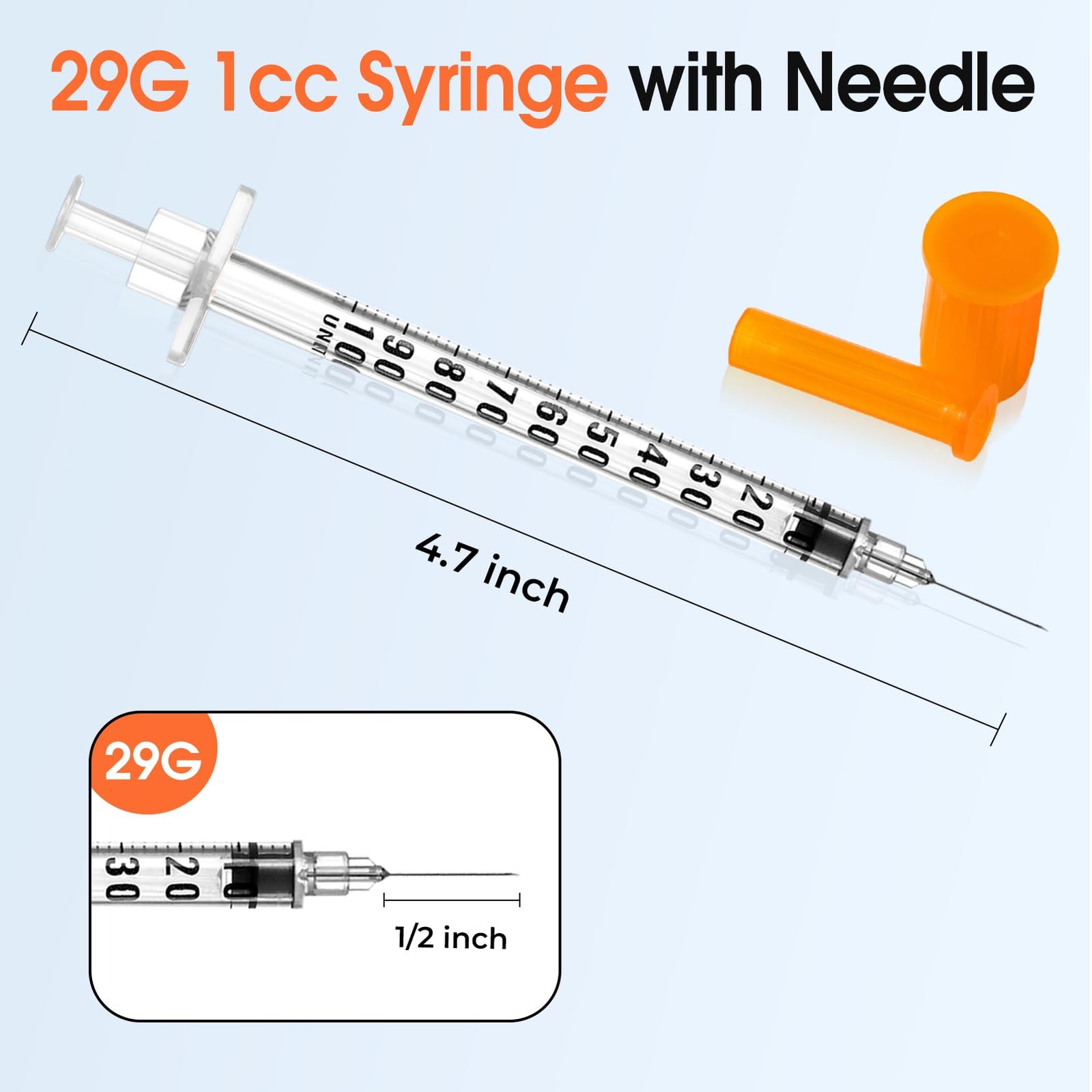 1ml 29G 1/2 Inch Syringe, Lab Syringes Individually Wrapped, Pack of 100