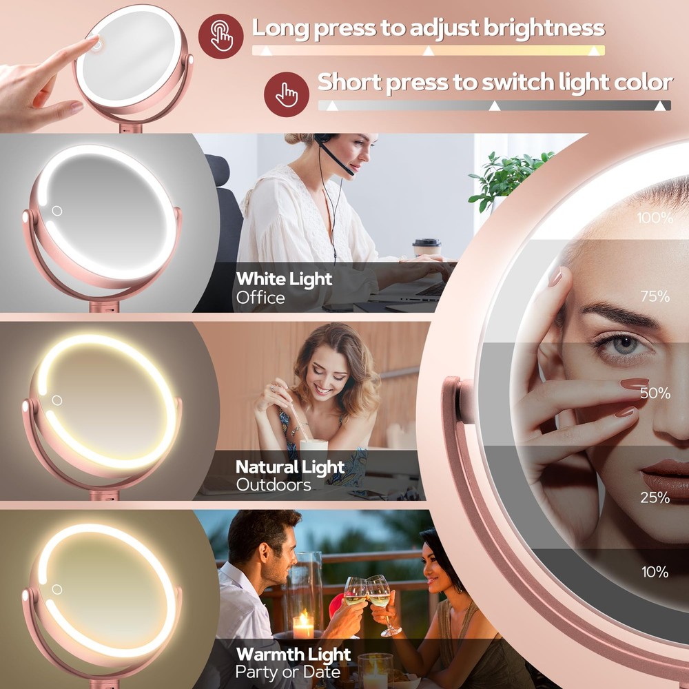 Makeup Mirror Lights Lighted Magnifying 30X Adjustable Brightness 2Sided Rose