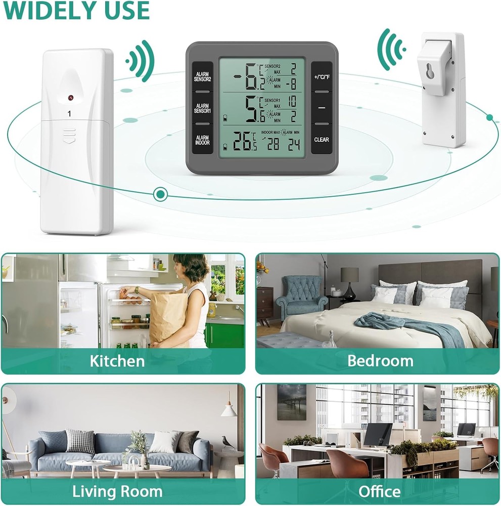 ORIA Refrigerator Thermometer, (New Version) Wireless Digital Freezer Grey