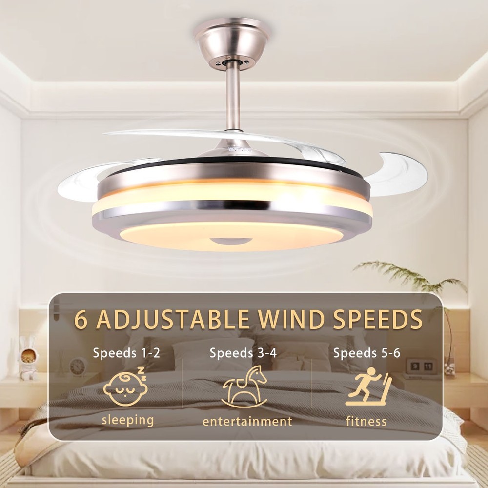 42" Retractable Invisible Ceiling Fan Light with 3-Color Light & Remote Control