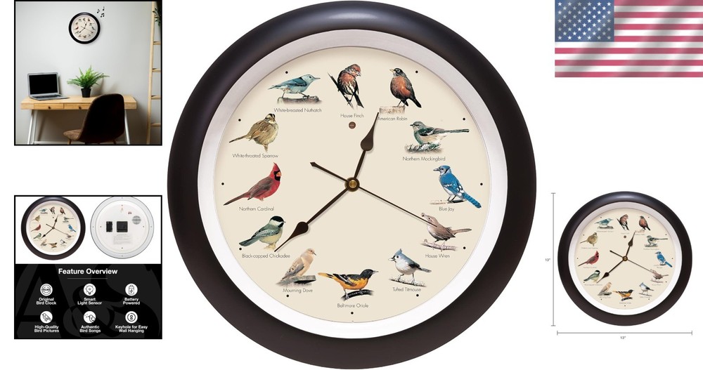Authentic Singing Bird Wall Clock 13" Black - Quartz Movement, Battery Powered