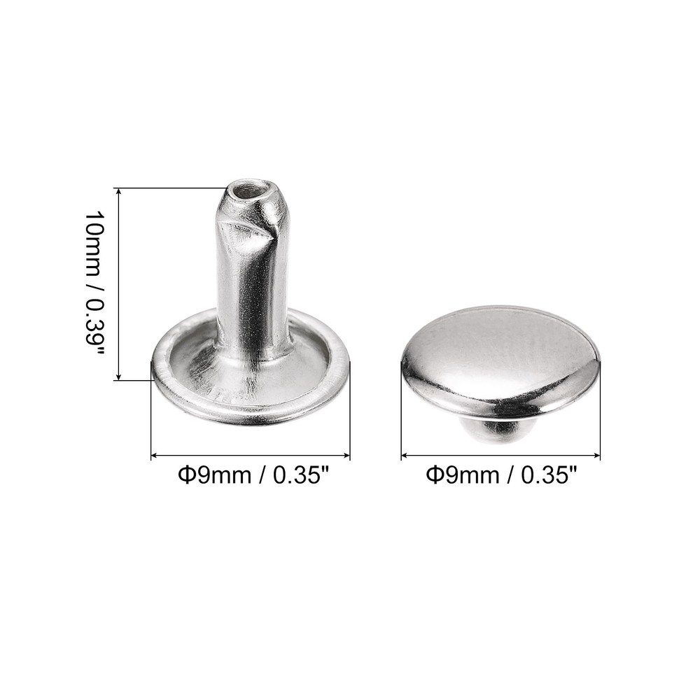 100 Sets Leather Rivets, 9mm Double Cap Rivets 10mm Height Studs, Silver Tone