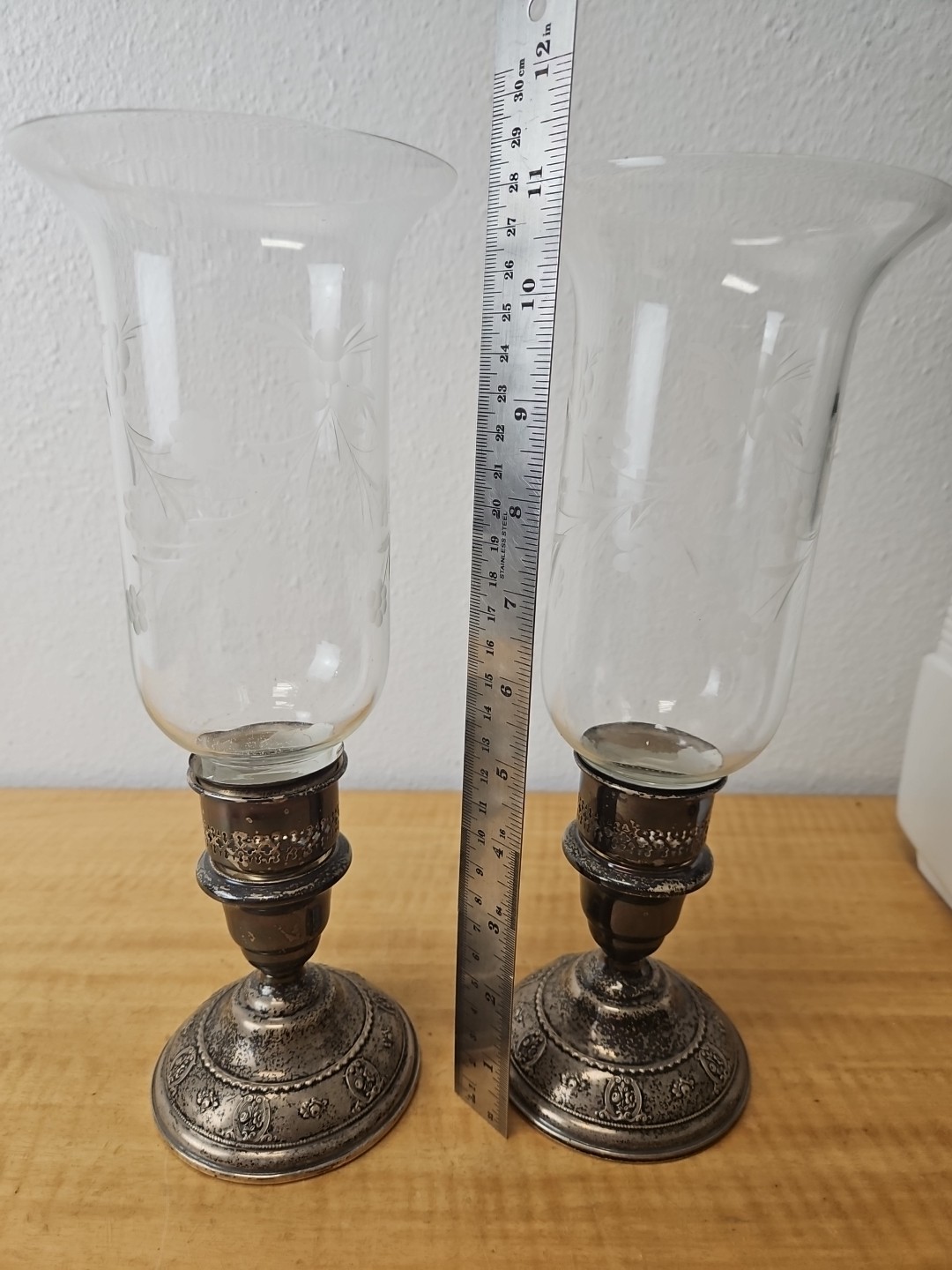 Pair Of Wallace 4640 Sterling & Glass Hurricane Candle Holders, Silver