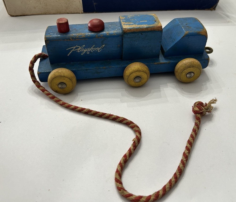 Vintage Playskool Wooden Freight Train Pull Toy - Complete with Original Box