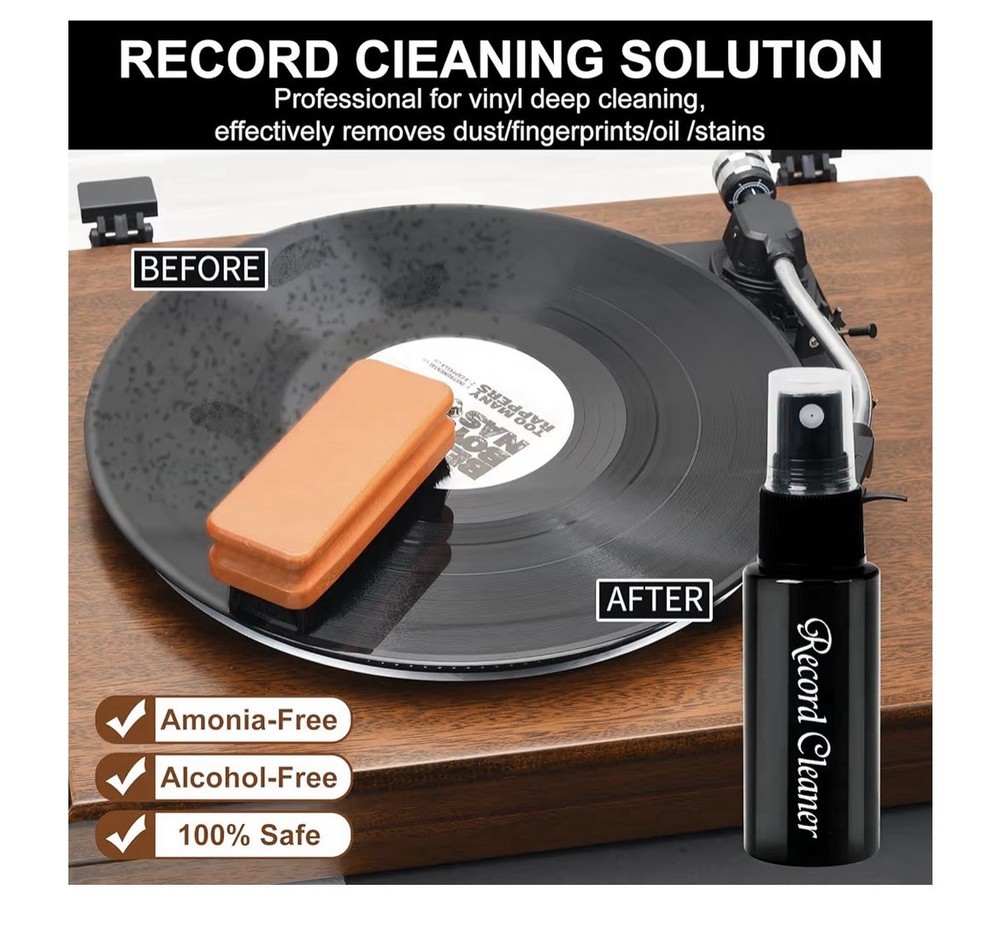 Vinyl Record & Turntable Cleaning Kit with Brushes, Solution, Cloth, Case