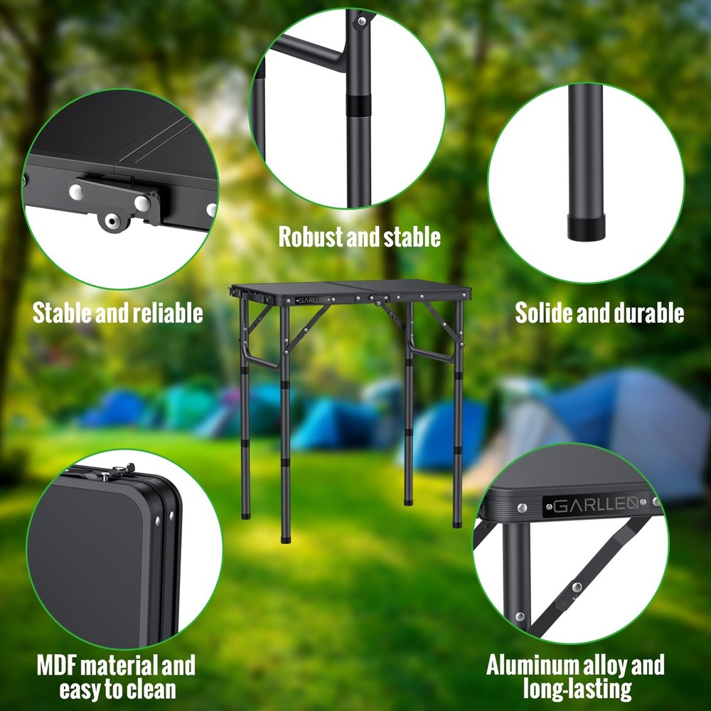 2ft Folding Camping Table, 3 Adjustable Height Lightweight Folded Picnic Tabl...