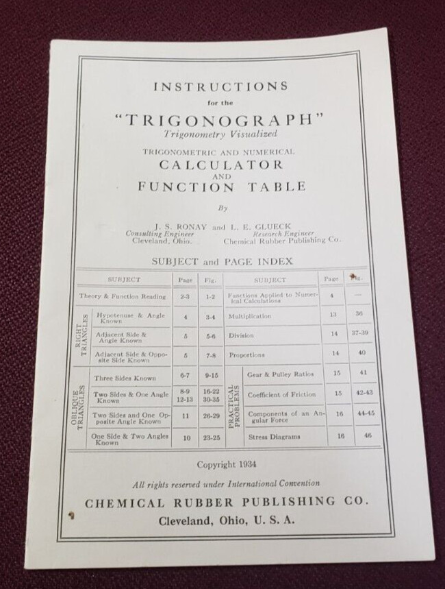 Trigonograph Calculator Function Table Instruction Booklet 1934 Chemical Rubber