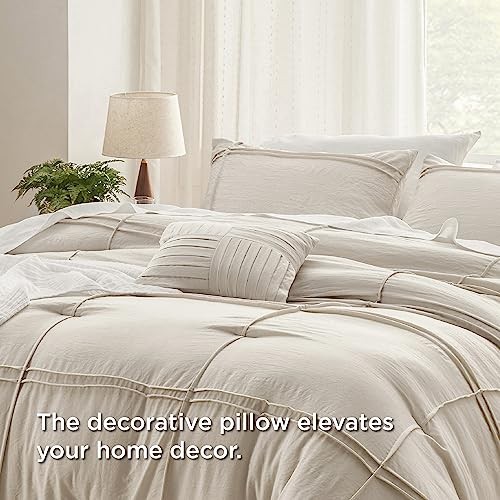 Beige Comforter Set - 4 Pieces Grid Pleated Bed Set, Down Queen 17 - Grid