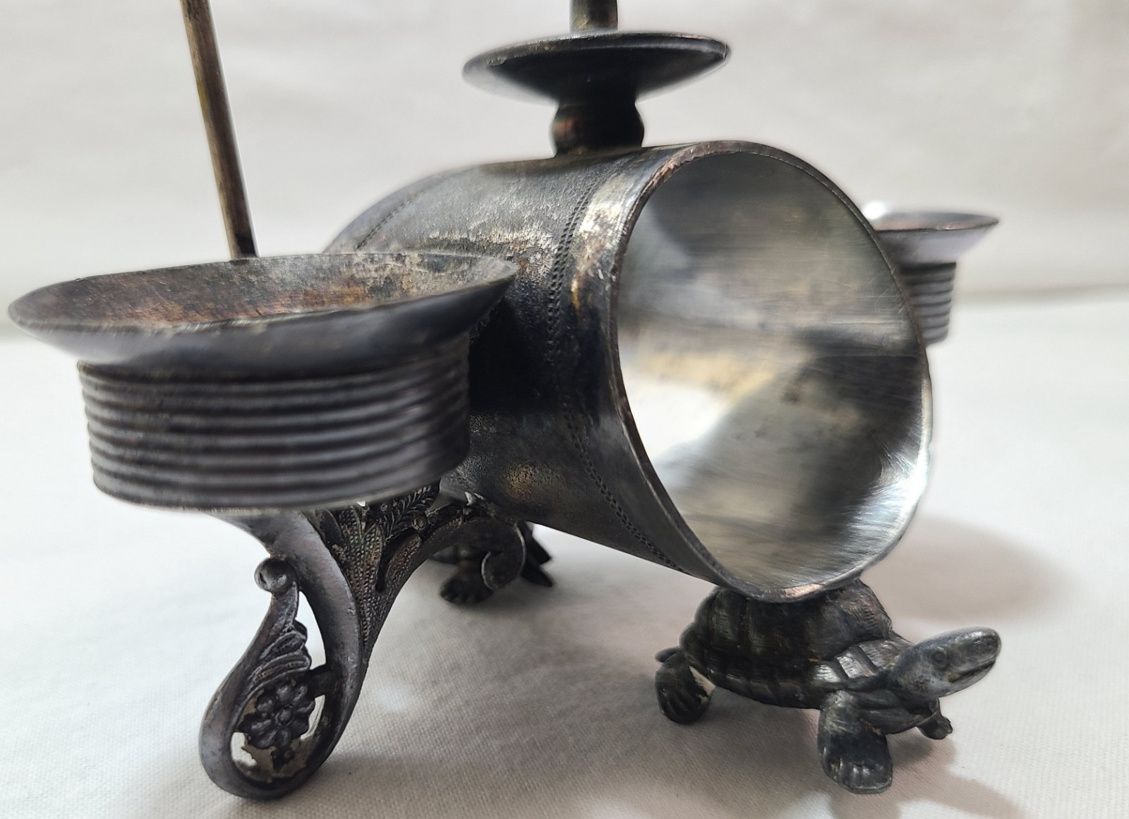 Napkin Ring Holder Salt Cellar Antique Silverplate Figural 2 Turtles