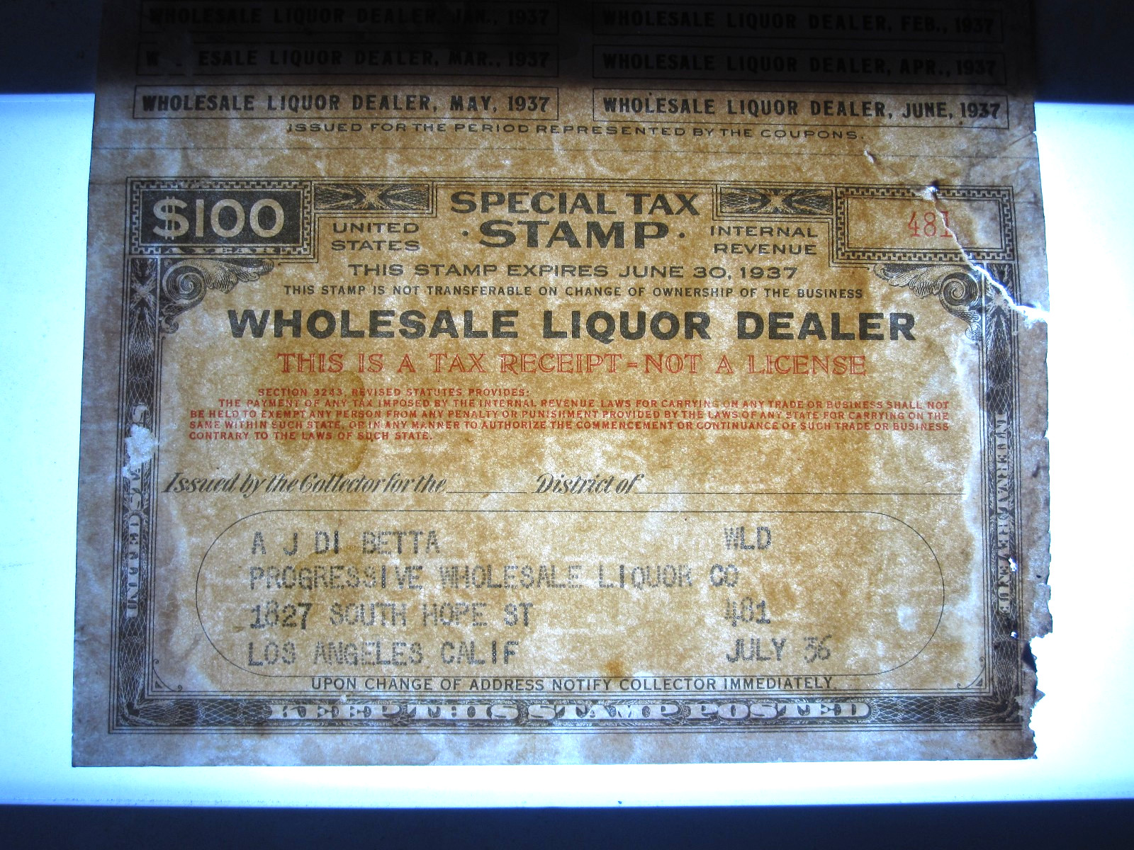 vTg 1937 $100 Wholesale Liquor Dealer Special Tax Stamp CALIF w/ Revenue coupons