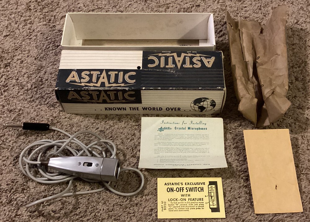 Vintage Astatic Model 332 Crystal Microphone, Box & Instructions
