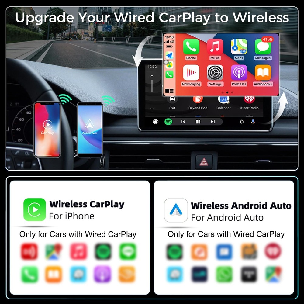 Wireless CarPlay Adapter for Apple iPhone & Android Auto USB Adapter Plug & Play