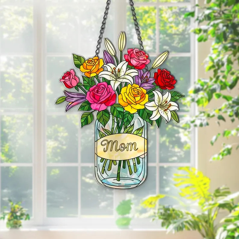 Personalized Mom Flower Jar Acrylic Suncatcher Gift