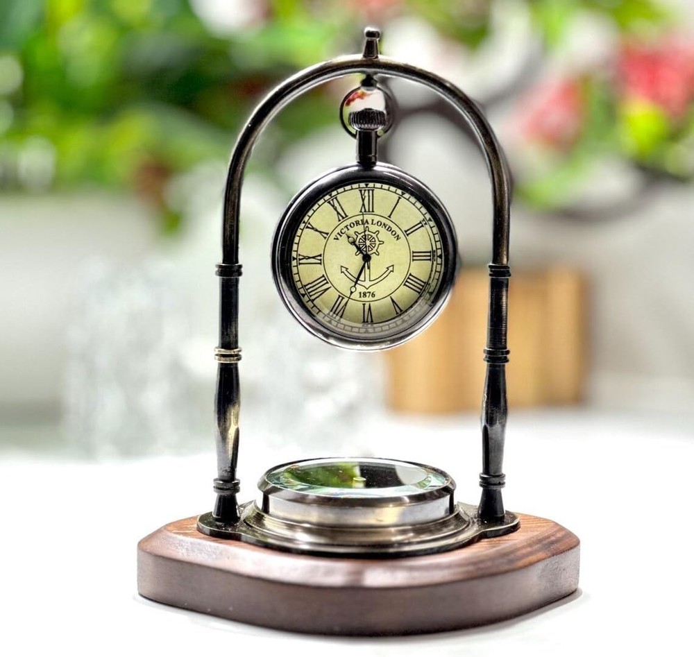 Personalized Victorian Brass Desk Clock with Integrated Working Compass -