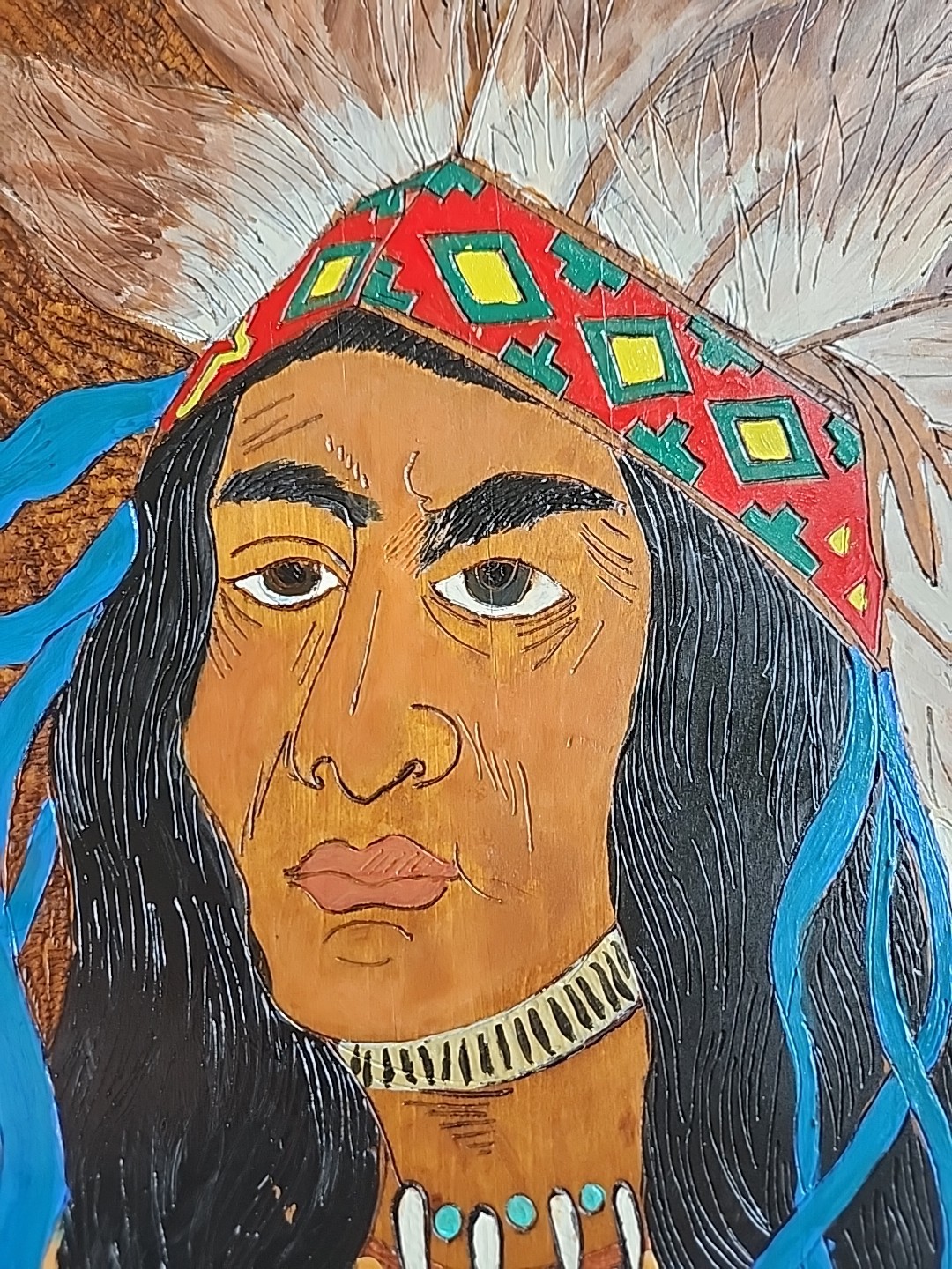 NATIVE AMERICAN INDIAN PLAQUE Pyrography 19.75" Antique Round Wall Art