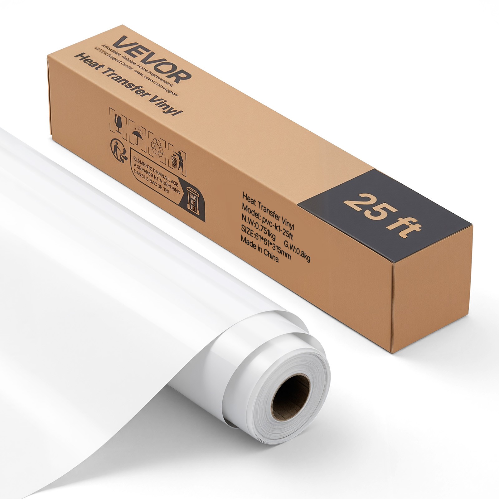 VEVOR Heat Transfer Vinyl HTV Iron on Vinyl Roll 12 in x 25 ft Glossy White