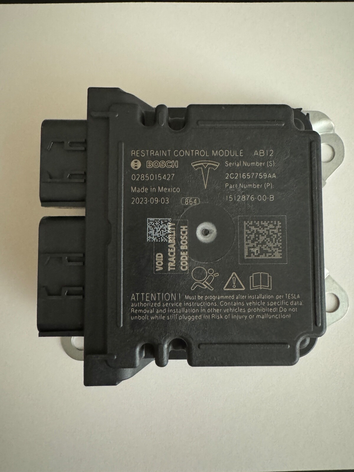 TESLA MODEL 3 Y S X RESTRAINT DIAGNOSTIC COMPUTER MODULE SRS CONTROL 1512876-00B