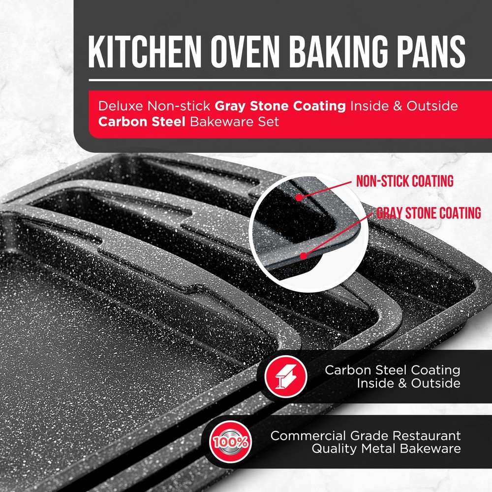 Gray Marble Nonstick Bakeware Set 3 Piece Professional Quality Cookie Sheets