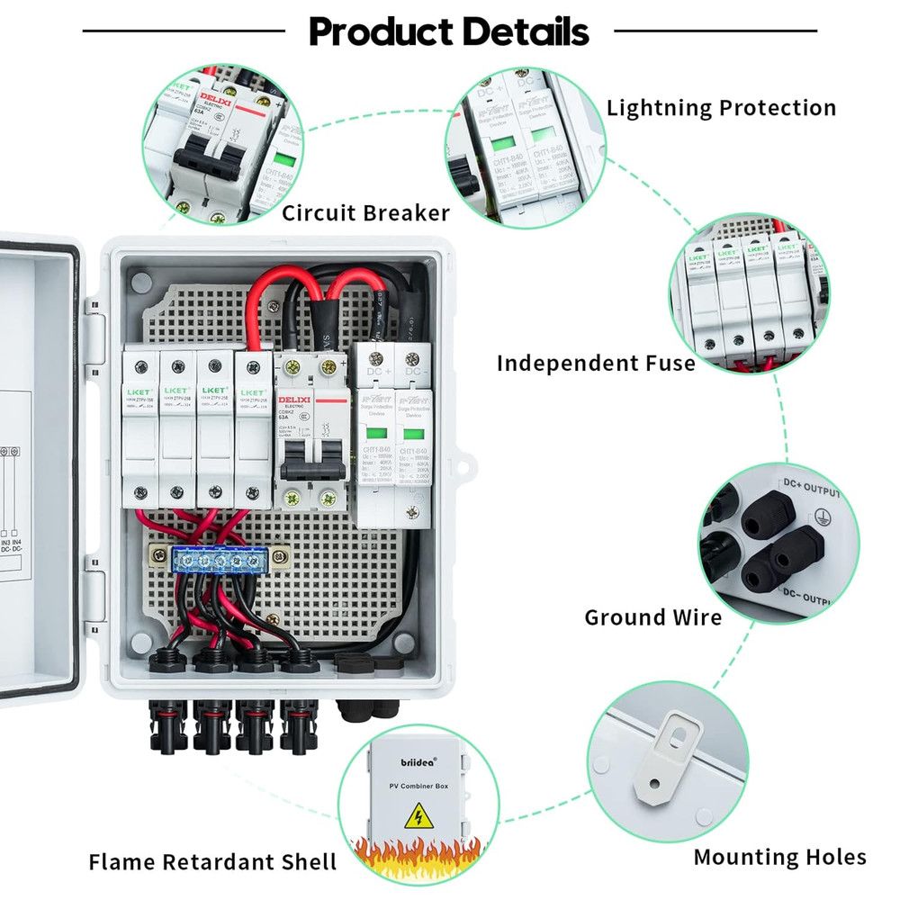 Solar Combiner Box, 4-String PV Combiner Box with 10A Circuit Breakers & Lightn