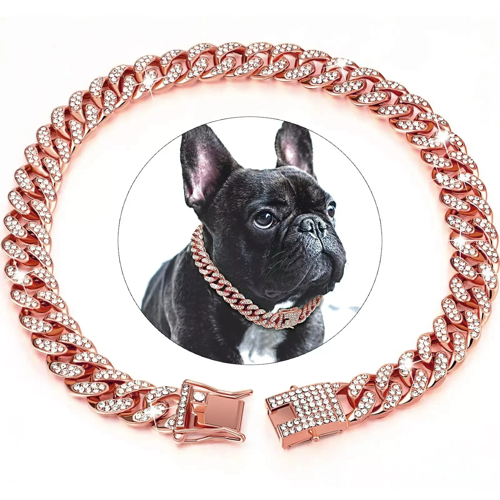 Dog Chain Collar Rose Gold  Pink Bling Cuban Diamond Rhinestone Necklace Cat Pet