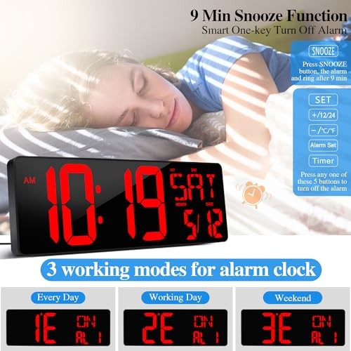 Large Digital Wall Clock with Remote Control 17.2" LED Large Display 17.2in Red