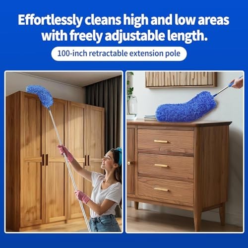 Extendable Cobweb Duster Set - Washable Cleaning Tool with 2 Heads for High Ceil