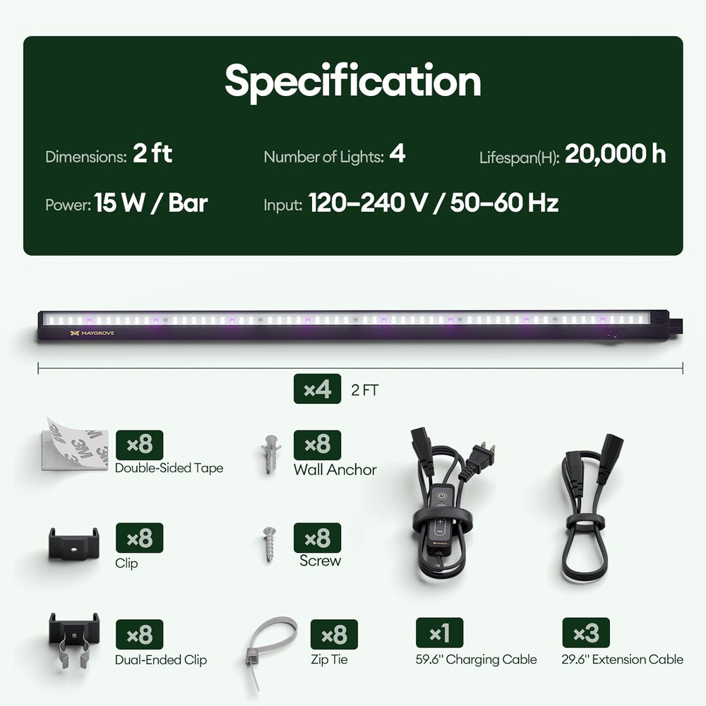 T5 LED Grow Light Strips 2Ft, Full Spectrum, Timer & Dimming, 4-Pack