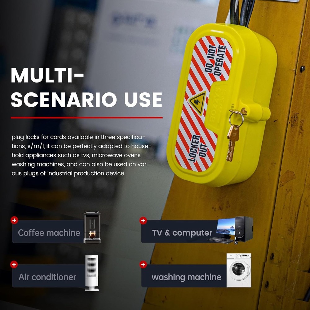 Plug Locks for Power Cords with Keys - Medium Self-Locking Cover (No Padlock Req