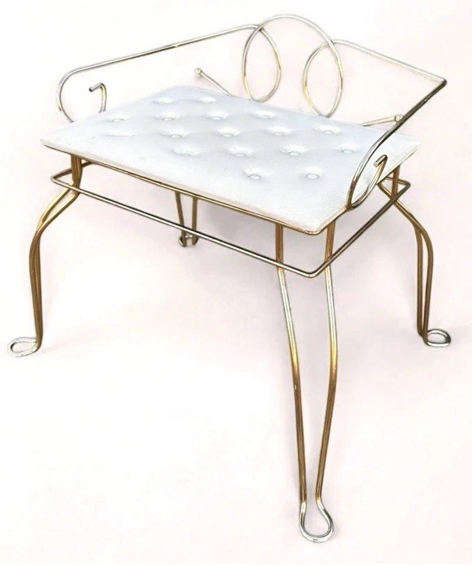 Vanity Bench White Tufted Seat Gold Metal Pearl Wick Vintage Stool