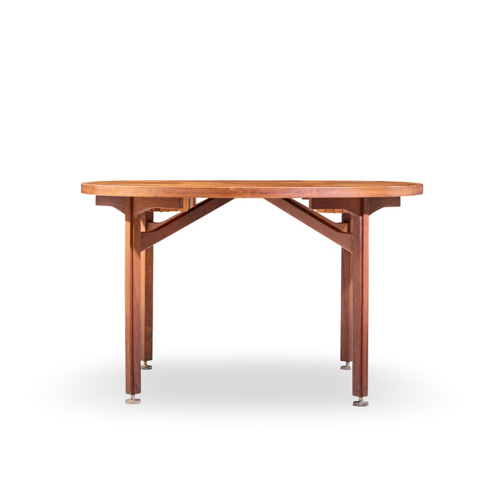 Jens Risom Mid Century Walnut Round Expanding Dining Table with 3 Leaves