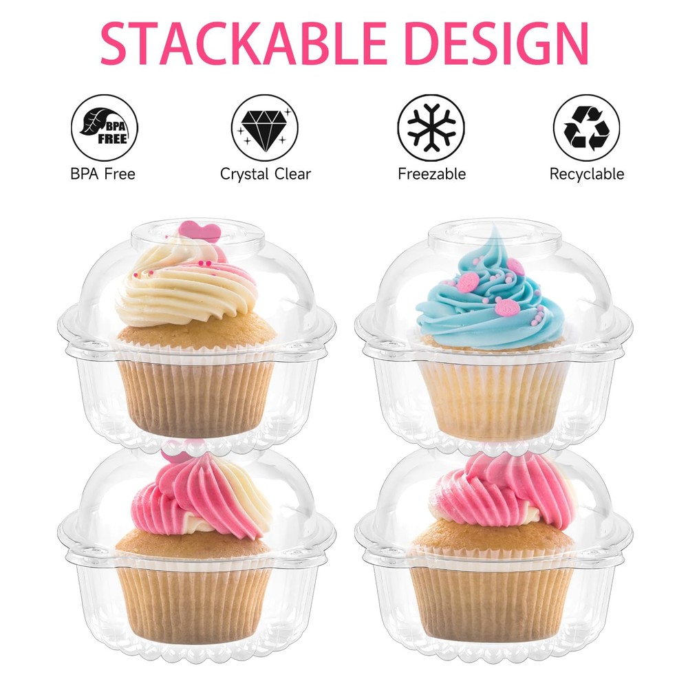 100 Pack Individual Cupcake Containers, Clear Plastic Cupcake Holders Dome Lids