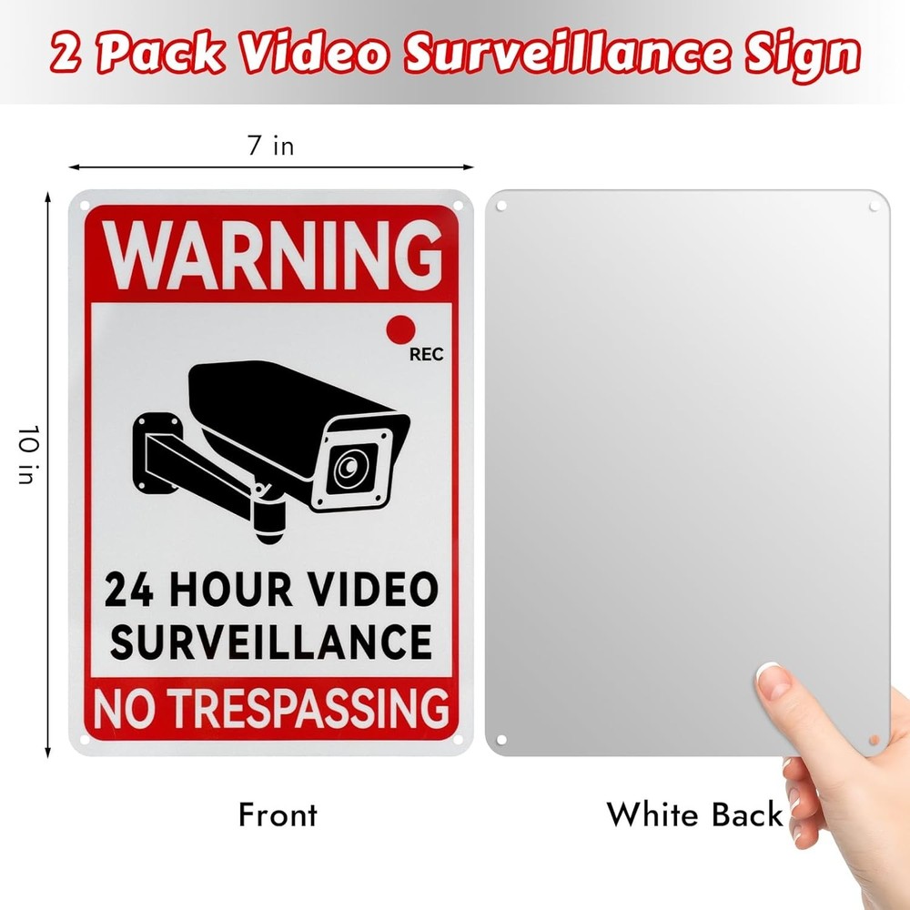 10" x 7" Reflective Camera Warning Signs - 2 Pack for Business & Home Security