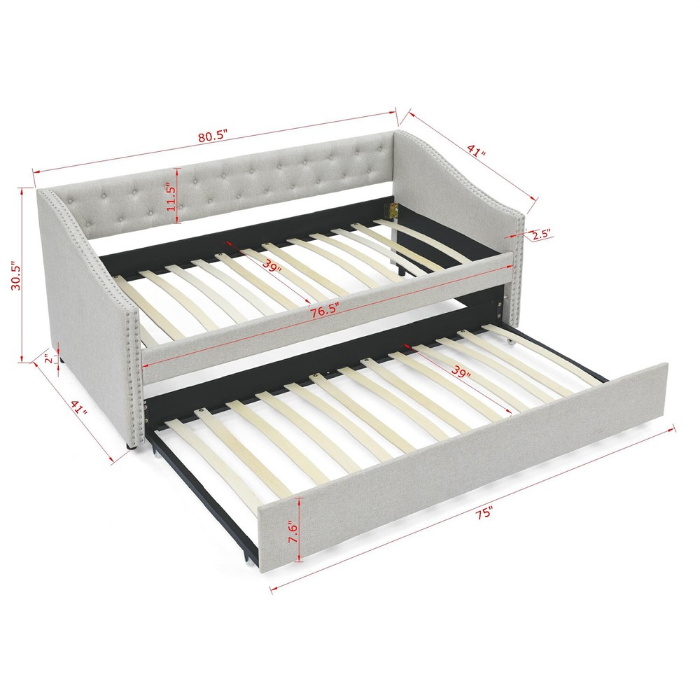 Twin/Full Size Daybed w/ Pull-Out Trundle Bed Upholstered Bed Frame Sofa Bed US
