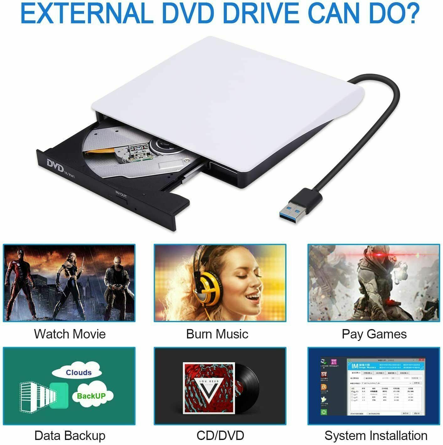 Slim External Drive USB 3.0 Disc Player CD DVD Burner Writer For Laptop PC Mac