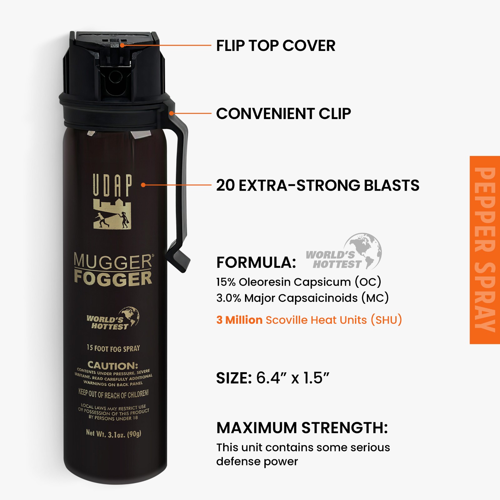 UDAP Pepper Power Mugger Fogger 15% OC 15 ft Fog Barrier, 6MF, 3.1 oz Single.