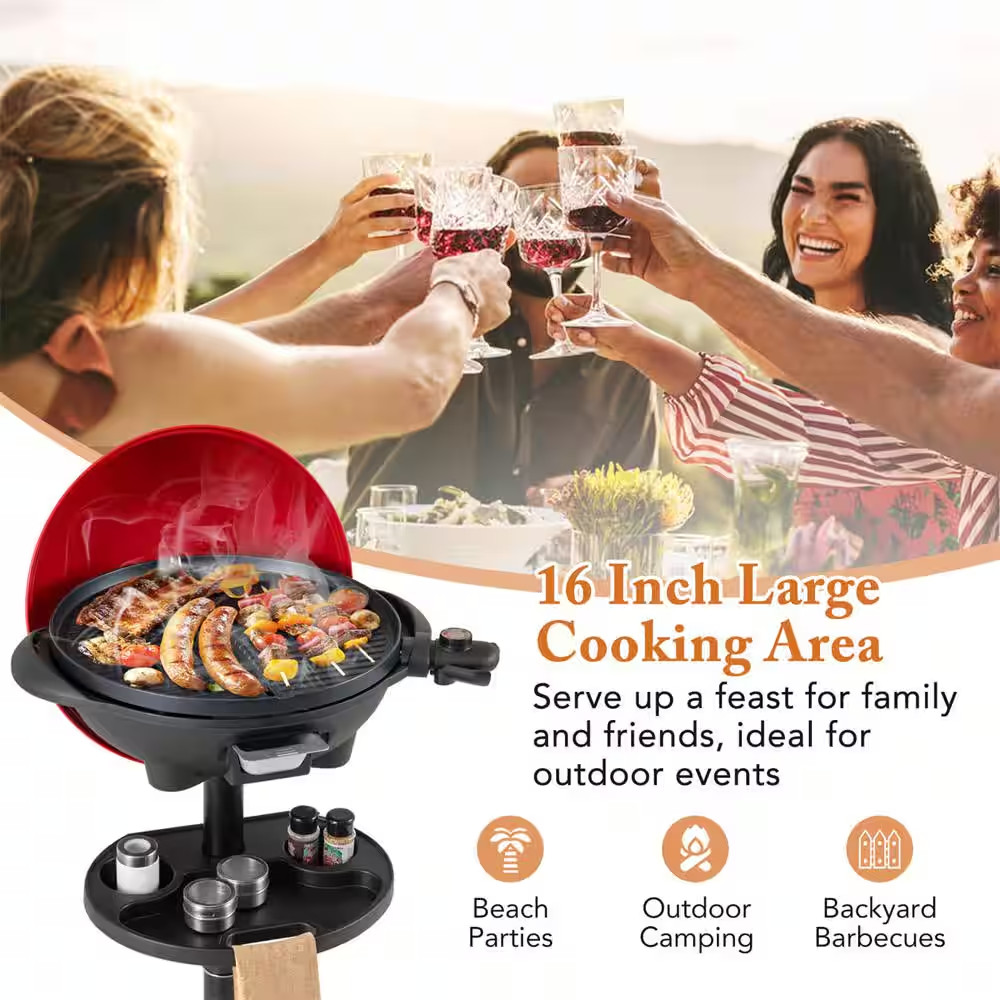 1350-Watt Electric Grill in Red with Non-Stick 4 Temperature Setting Outdoor Gar