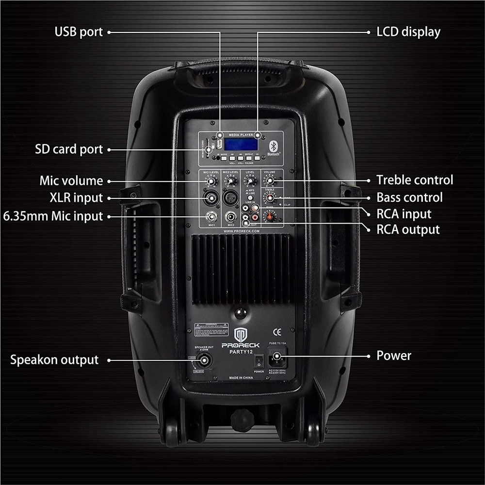 PRORECK Party 12 PA Powered Speaker System 1000W 2-Way Bluetooth DJ System
