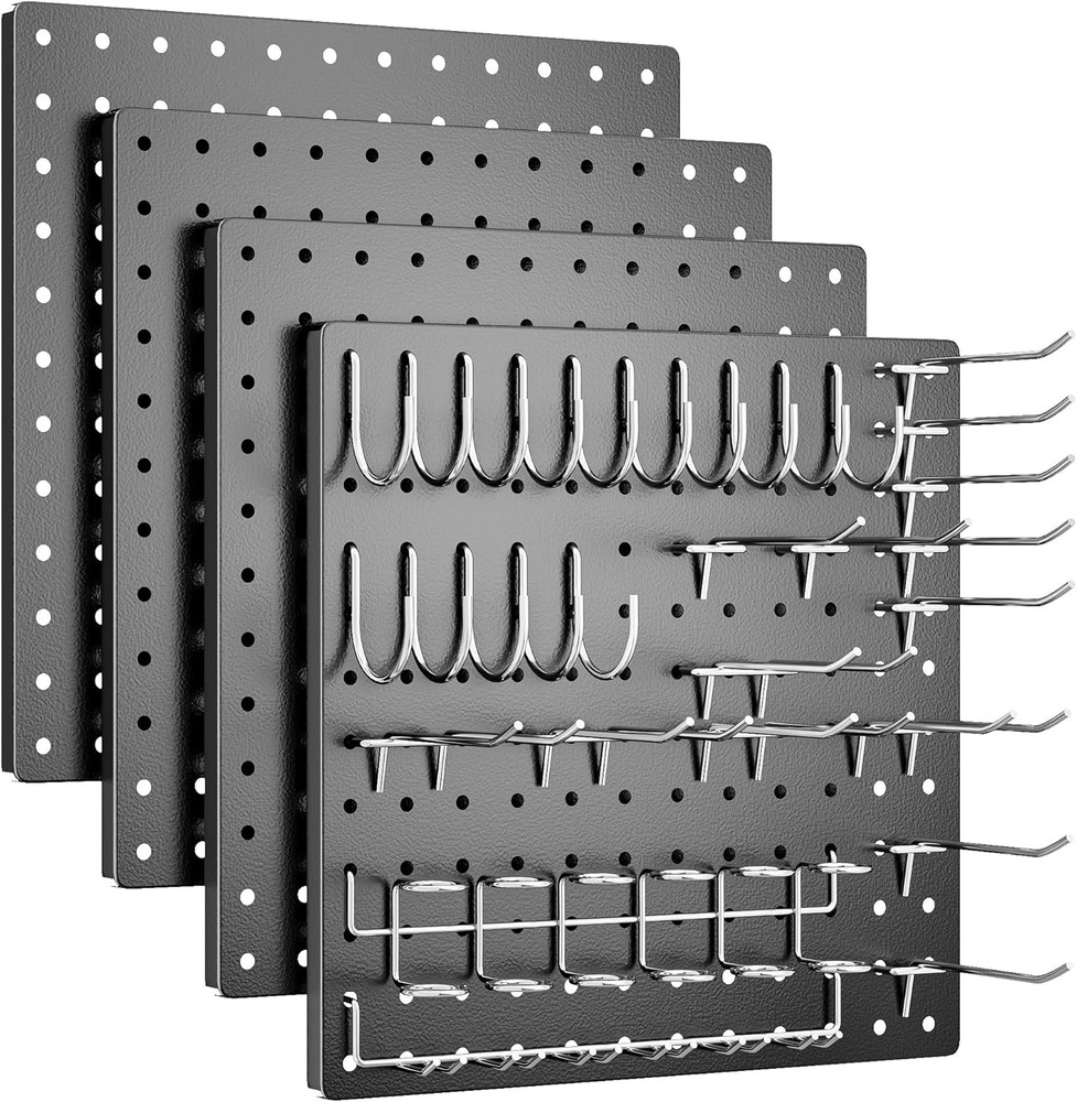 Peg Board 4Pack Metal Pegboard Kit Black Pegboard Wall Organizer With 32Pcs Hook