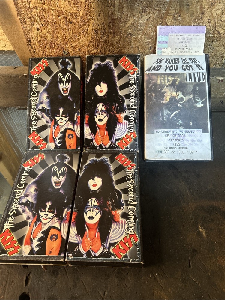 lot of 5 kiss rock band vhs tapes + 1 vintage ticket stub