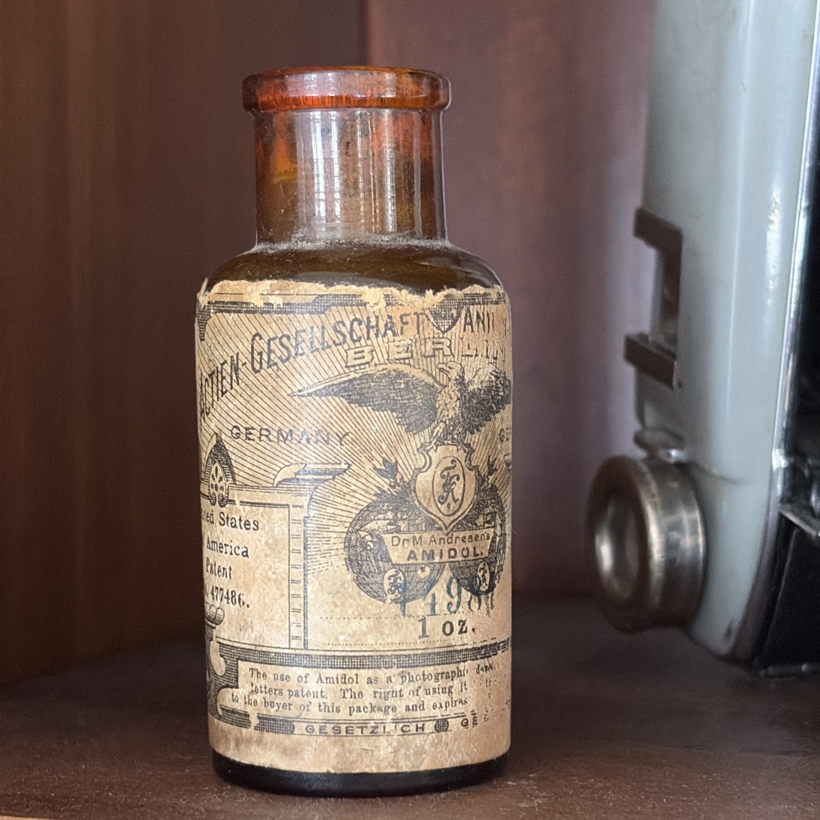 Antique Brown Bottle w Cork Photography Camera Amidol Solution GERMANY US PATENT