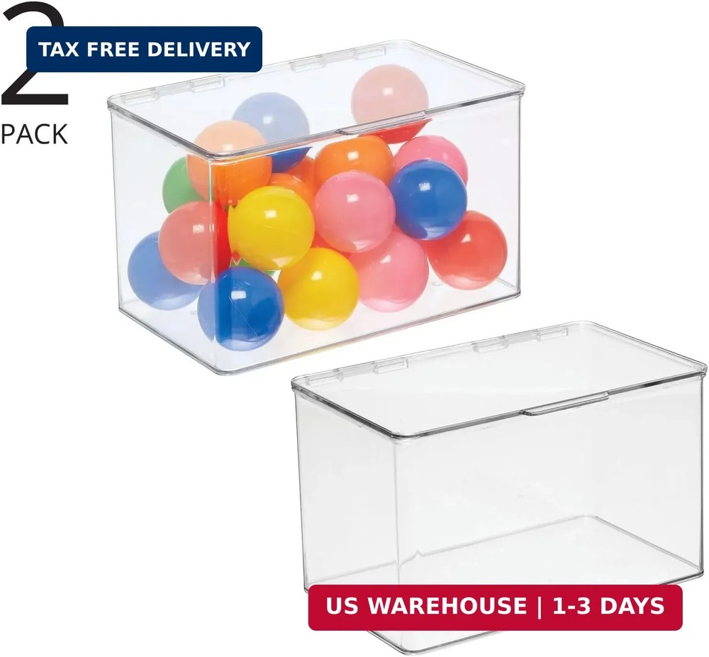 mDesign Set of 2 Storage Boxes with Lids - Stackable Plastic Storage Boxes for N