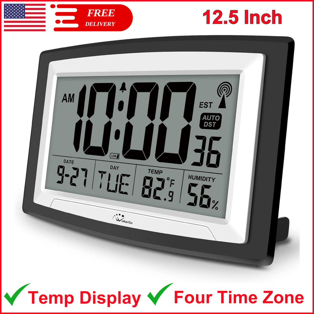 WallarGe Atomic Clock With Indoor Temperature And Humidity, 12.5" Self-Setting