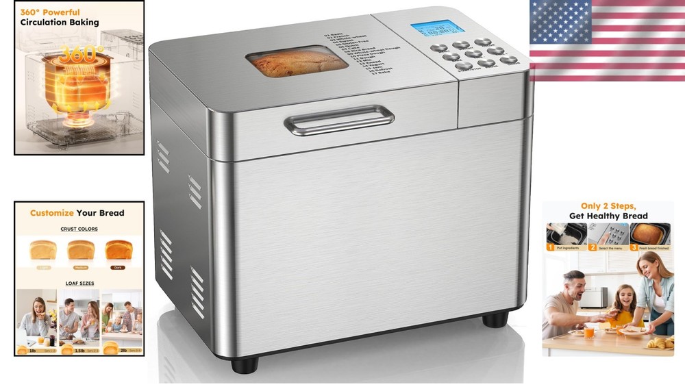 Stainless Steel 2LB Bread Machine with Custom Programs & 15-Hour Delay Timer