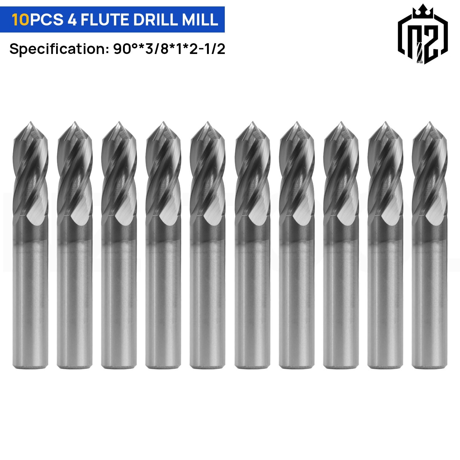 10PCS 4 Flute 90 Degree 3/8"x1"x2-1/2" Solid Carbide Drill Mill - AlTiN Coated