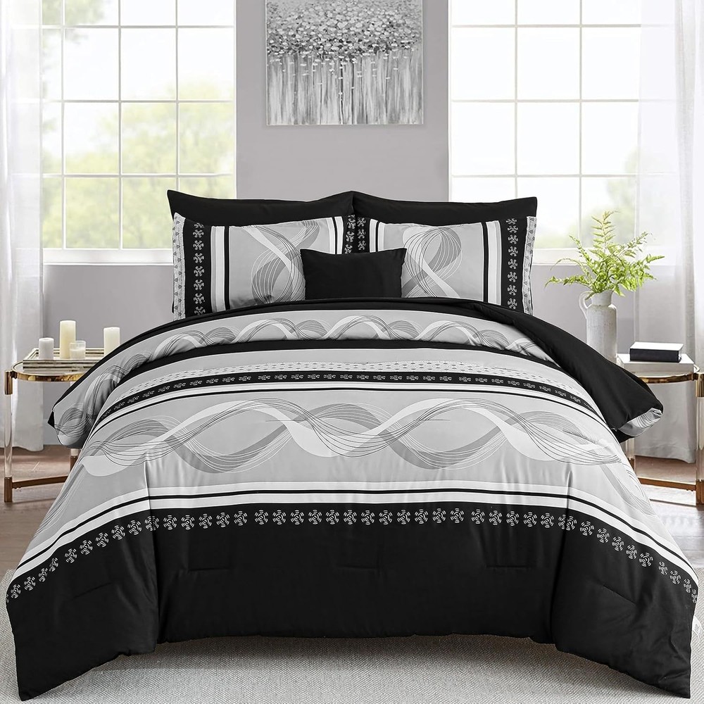 Queen King 8-Pc Boho Comforter Set - Patchwork Striped Microfiber Bed in a Bag