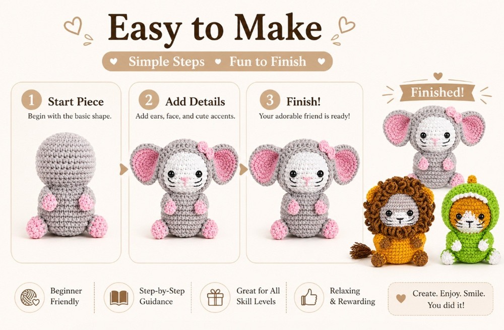 Cat Crochet Kit 3 Pack for Beginners Amigurumi DIY Set with Video Tutorial